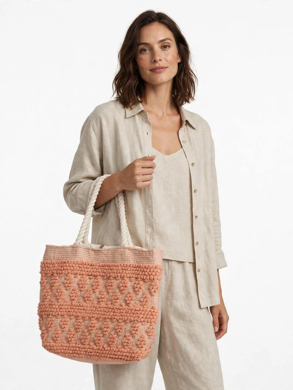 Peach Tote Textured Woven Rope-Handle Tote